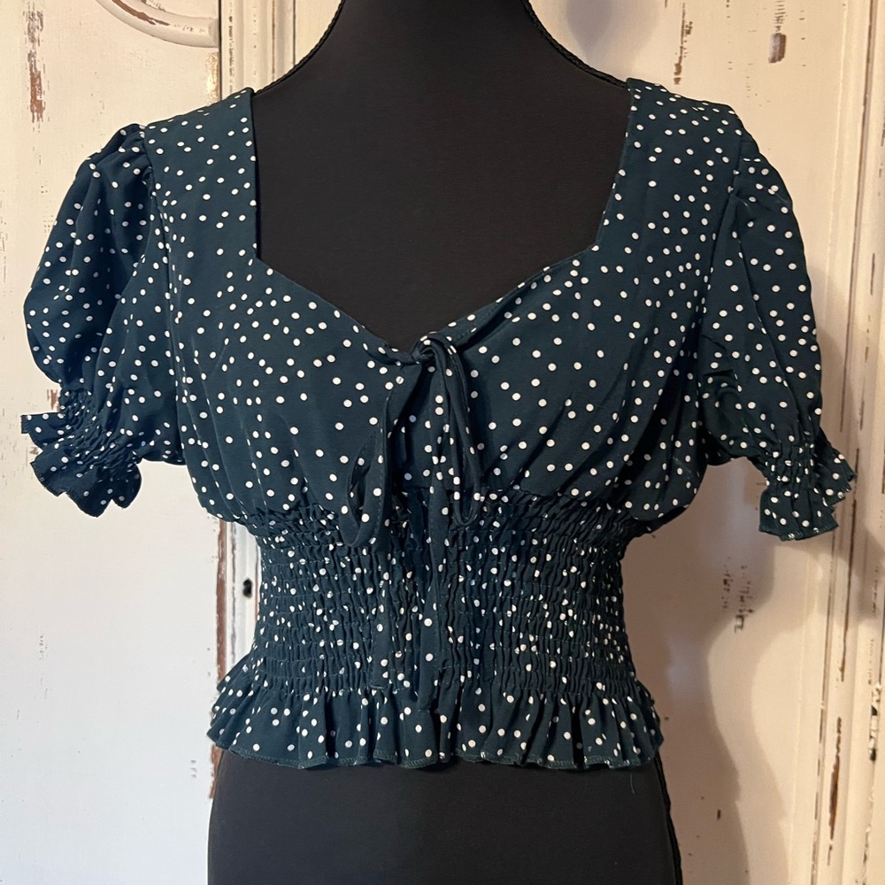 SHEIN Green and White Puff Sleeve Smocked Blouse